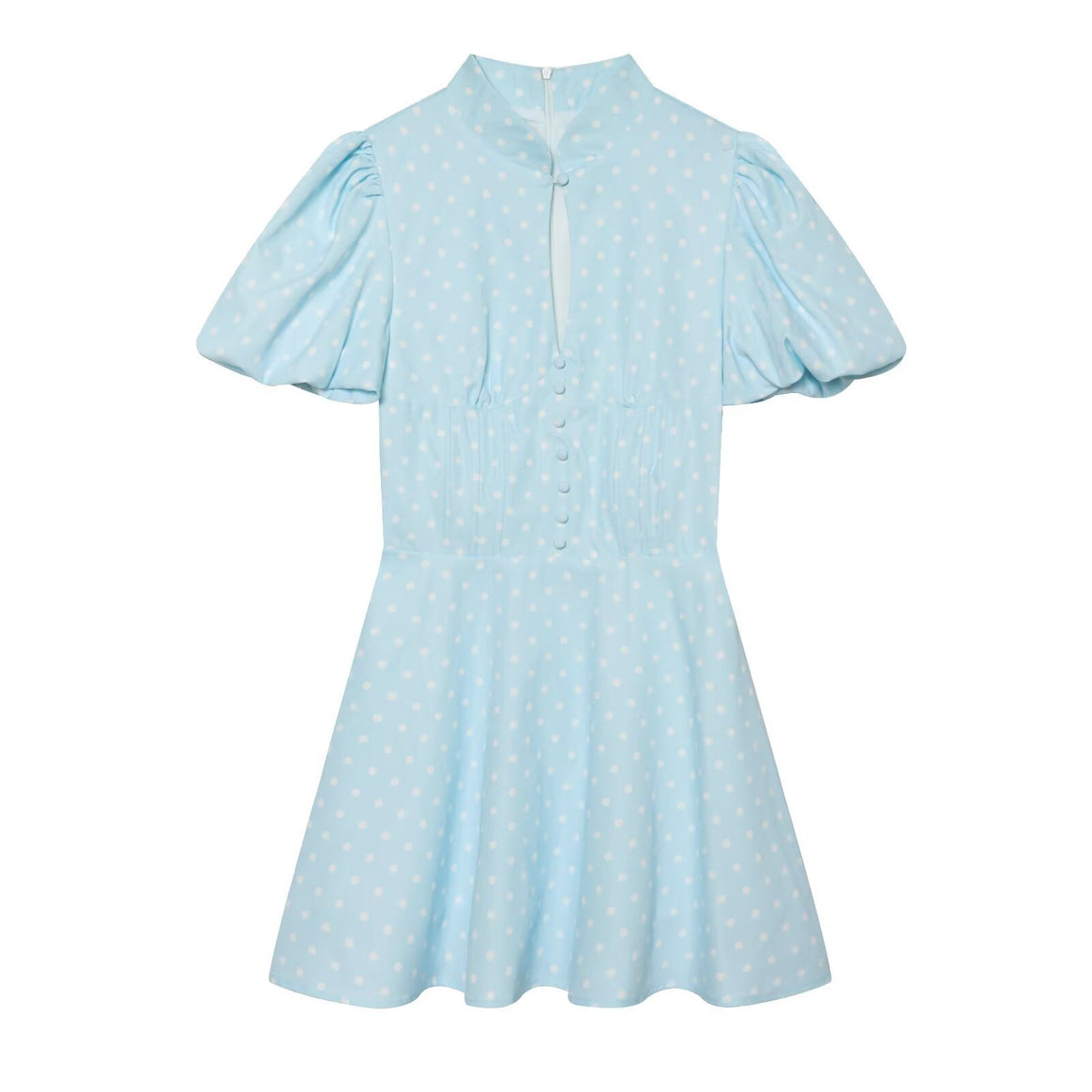 Women's Polka Dot A-Line Dress with Stand Collar, Tailoring and Balloon Sleeves Mune Fashion