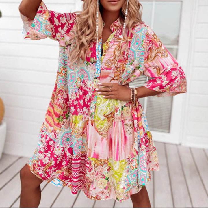 Ladies' airy tiered dress in patchwork boho style with stand collar, gathered waist seam, and three-quarter sleeves Mune Fashion