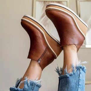 Women's Slip-On Ankle Boots with Integrated Wedge Heel, Wide Platform Sole, and Side Zipper Mune Fashion