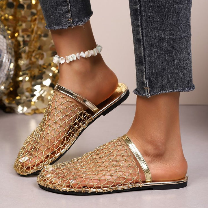 Women woven net mules with slip-on function, open heel and flexible lightweight sole design Mune Fashion