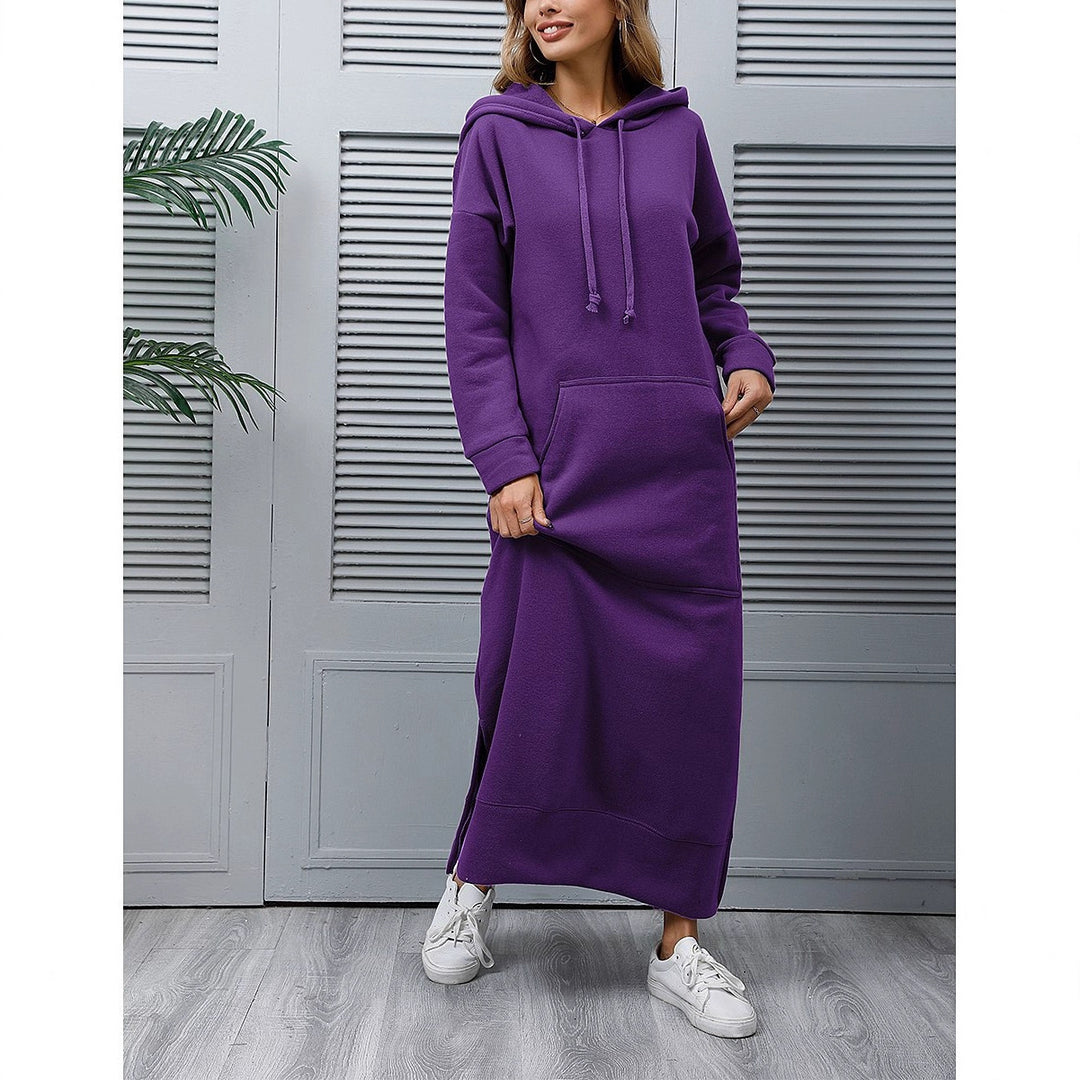 Women's long hooded sweat dress with kangaroo pocket, side slits and loose oversized fit Mune Fashion