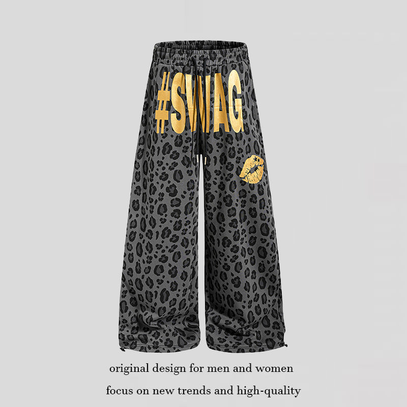 Women's Wide Palazzo Sweatpants in Leopard Print with High Comfort Waistband, Drawstring and Golden Statement Print Mune Fashion