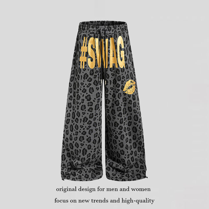 Women's Wide Palazzo Sweatpants in Leopard Print with High Comfort Waistband, Drawstring and Golden Statement Print Mune Fashion