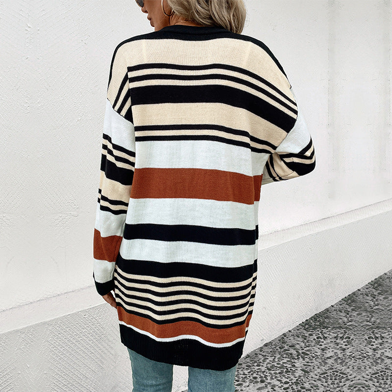 Women's Oversize Knit Cardigan with Block Stripes, Open Front and Long Sleeves Mune Fashion