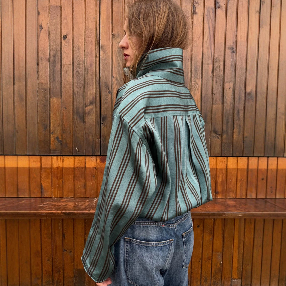 Women Oversized Stripe Sweater with Half Zipper, Stand Collar and Kangaroo Pocket Mune Fashion