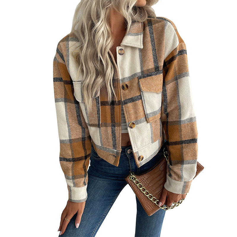 Women Short Cropped Checkered Transition Jacket with Patch Chest Pockets Mune Fashion