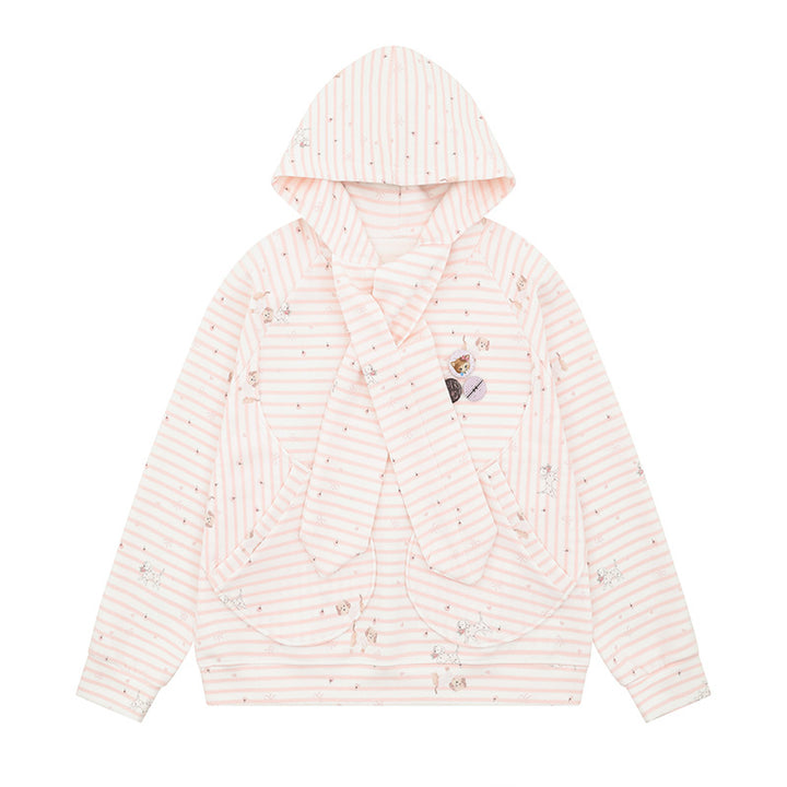 Women Cozy Hooded Oversized Sweater with Integrated Bow Scarf and Patch Pockets