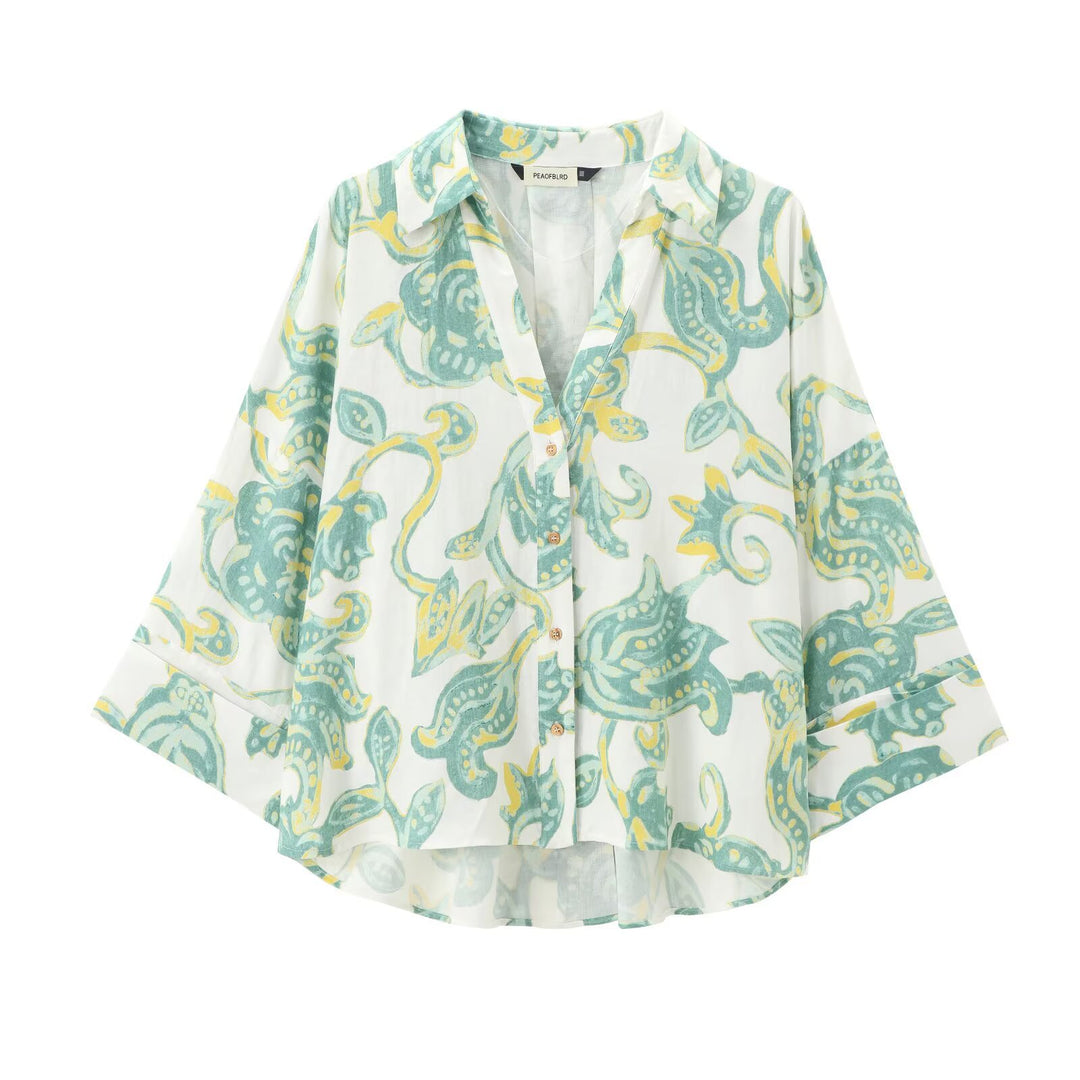 Women's Oversize Viscose Blouse with Three-Quarter Sleeves and Extended Back Hem Mune Fashion
