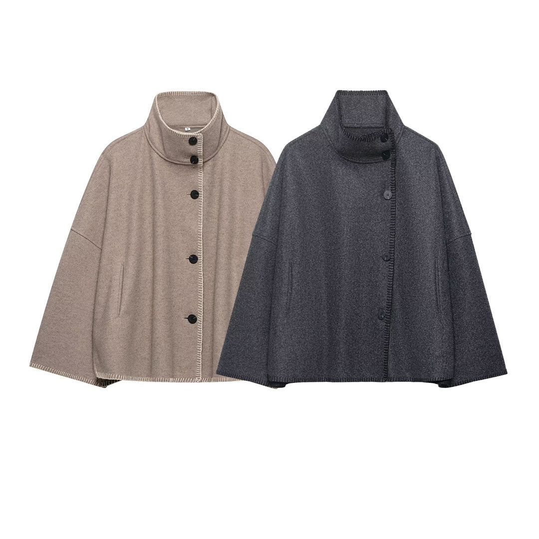 Ladies Wool Blend Cape with High Stand Collar, Button Placket and Decorative Stitching