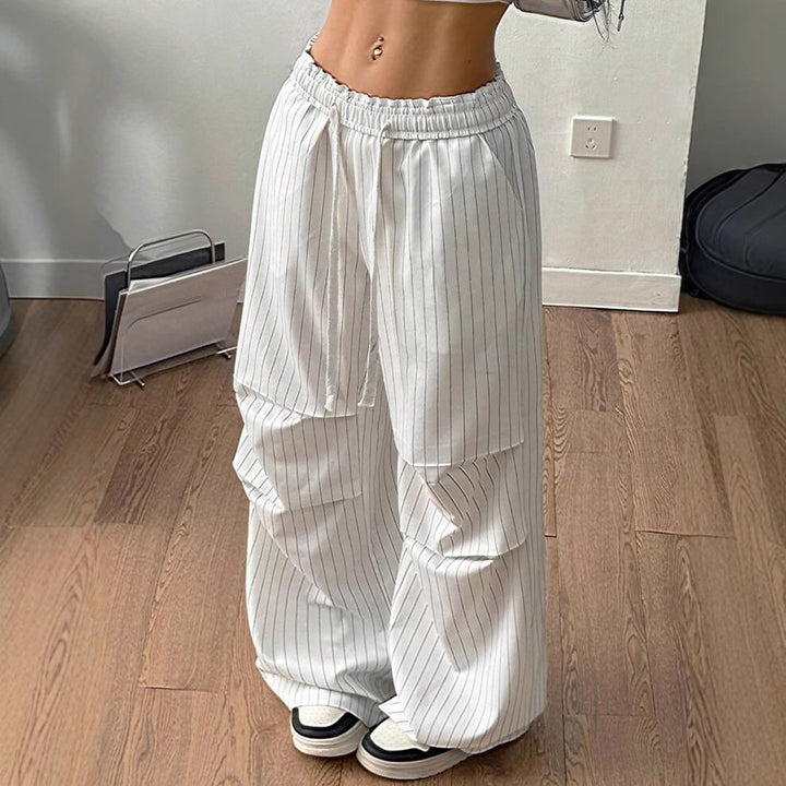 Women's Wide Pinstripe Lounge Pants with High Elastic Waistband and Drawstring