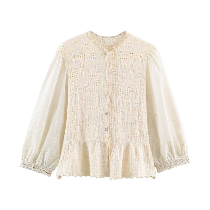 Ladies crochet blouse with lace sleeves, ruffle hem and button placket Mune Fashion