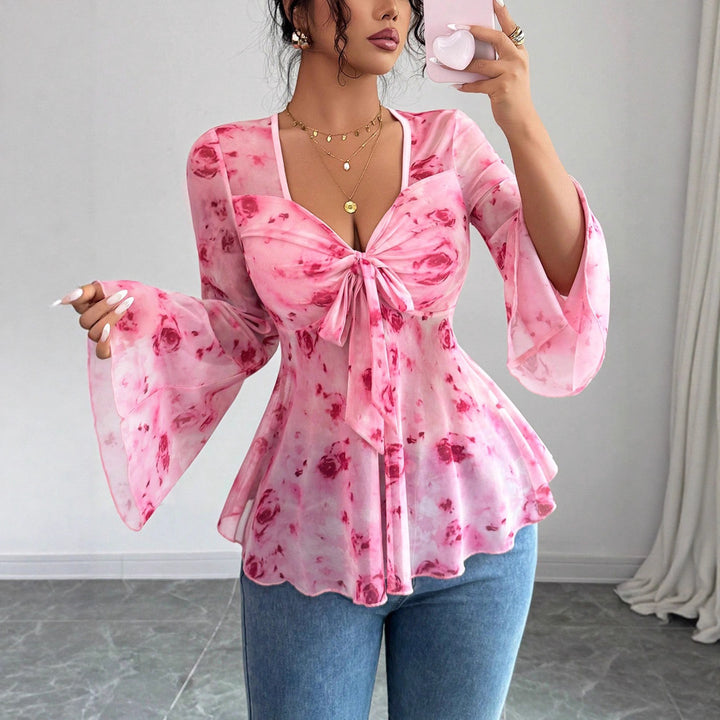 Women’s chiffon blouse with tie knot, V-neck and flared bell sleeves Mune Fashion