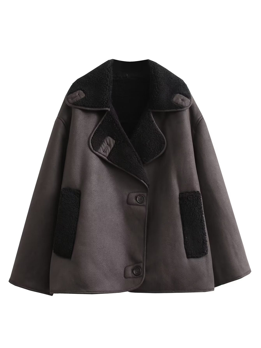 Ladies short jacket in lamb fur look with shawl collar and side patch pockets Mune Fashion