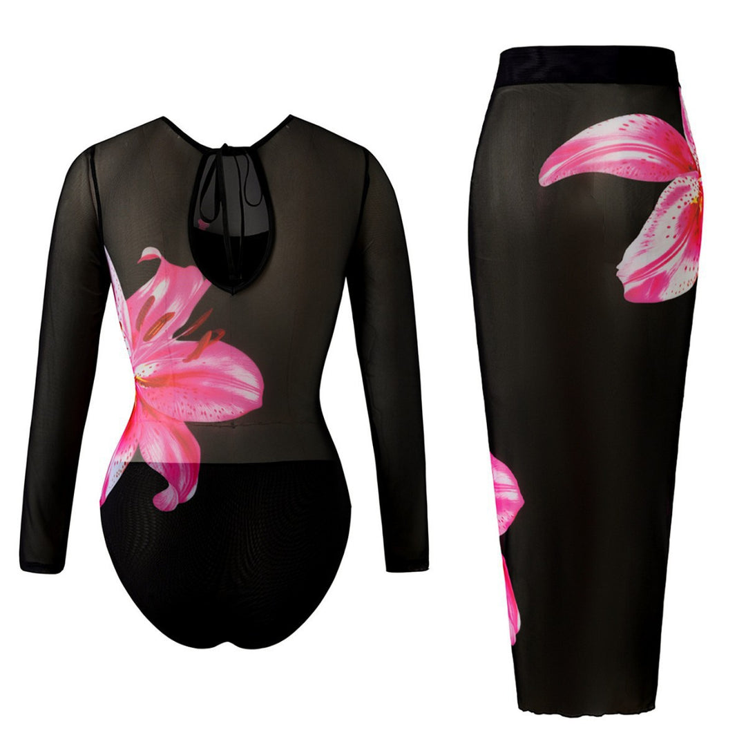 Women Elegant Swimsuit with Long Sleeve and Transparent Wrap Skirt Mune Fashion