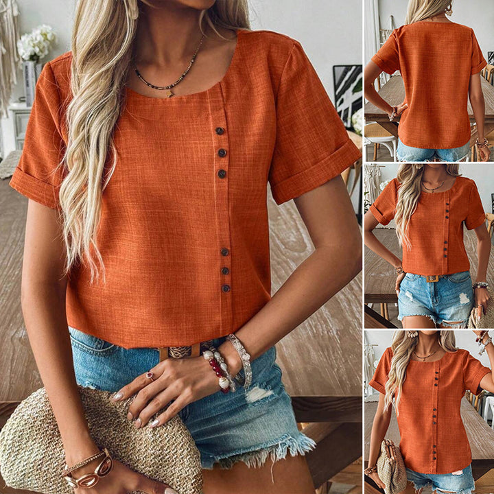 Women's bauchfreies linen-look top with asymmetrical button placket and rolled sleeves Mune Fashion