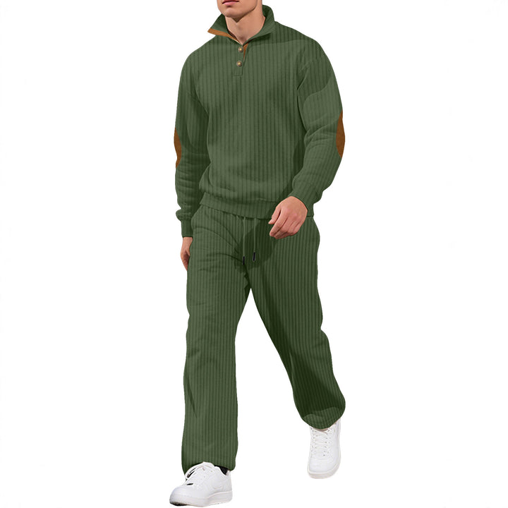 Men's fine ribbed sweater with half button placket, high stand-up collar, and contrasting suede elbow patches Mune Fashion