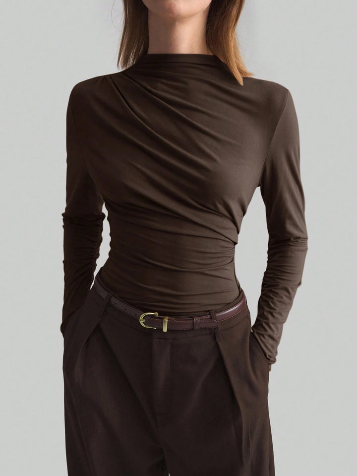Women’s narrow cut long sleeve shirt with asymmetric draping and side gathering Mune Fashion