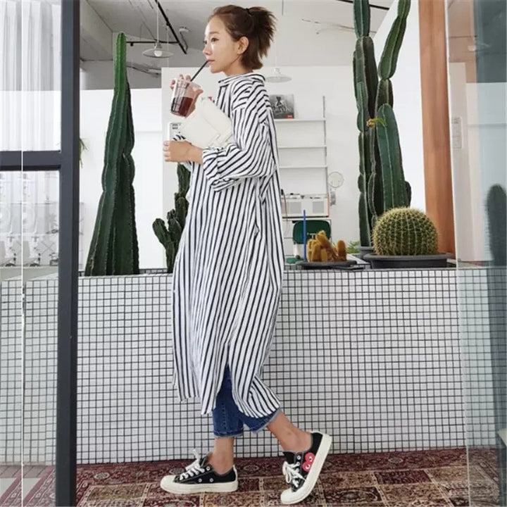 Women’s Long Striped Shirt Midi Dress with Stand Collar, Oversized Fit and Deep Side Slits Mune Fashion