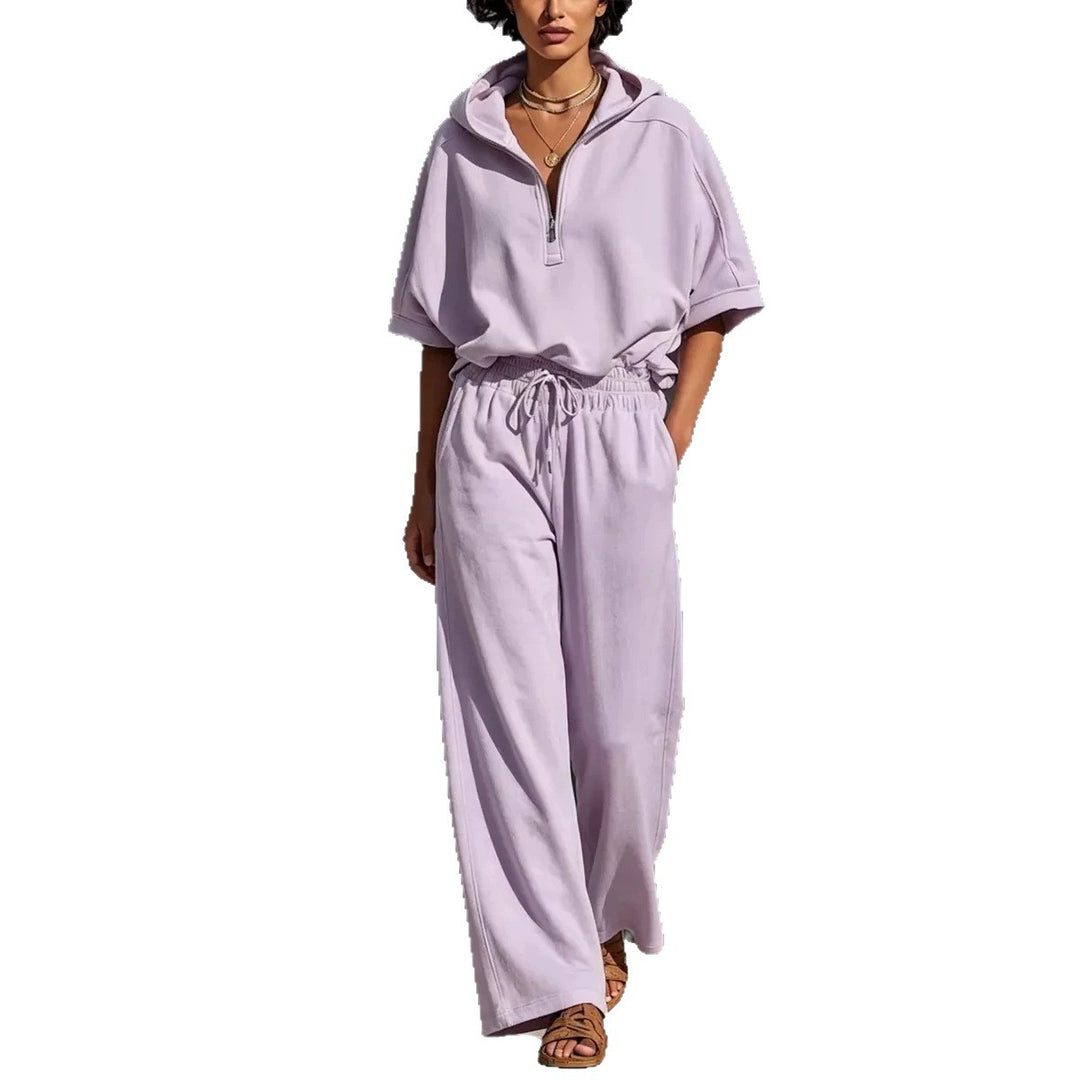 Women's Casual Lounge Set with Half-Zip Hoodie and Wide Palazzo Pants Mune Fashion
