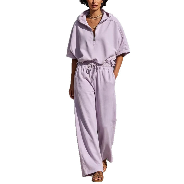 Women's Casual Lounge Set with Half-Zip Hoodie and Wide Palazzo Pants Mune Fashion