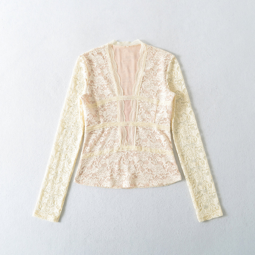 Women's Transparent Lace Blouse with V-Neck, Tailored Inserts and Long Sleeves Mune Fashion