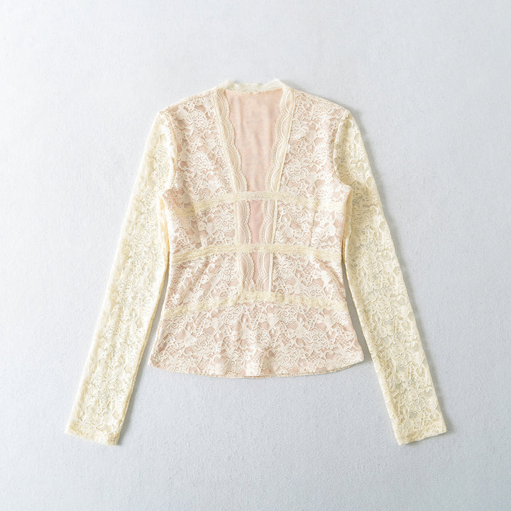 Women's Transparent Lace Blouse with V-Neck, Tailored Inserts and Long Sleeves Mune Fashion