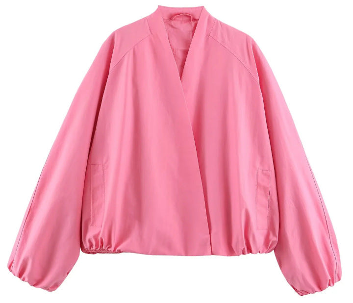 Women Short Blouson made of Artificial Leather with Double-Breasted Button Placket and Shoulder Cape Mune Fashion
