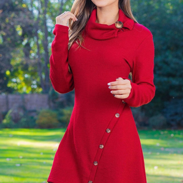 Women's fitted A-line knitted dress with asymmetric decorative button placket and high collar Mune Fashion