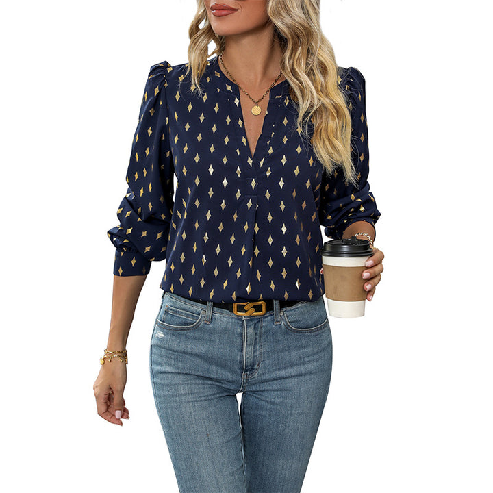 Women's loosely falling viscose fine blouse with stand-up collar, V-neck and balloon sleeves Mune Fashion