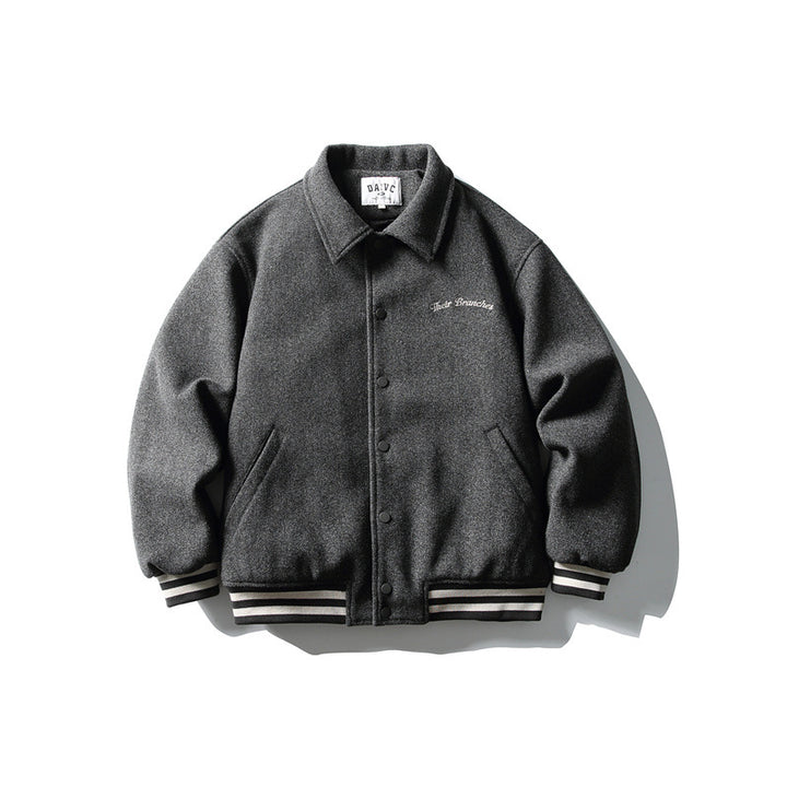 Men's Boxy College Blouson Jacket made of wool blend with snap button closure and striped ribbed cuffs Mune Fashion
