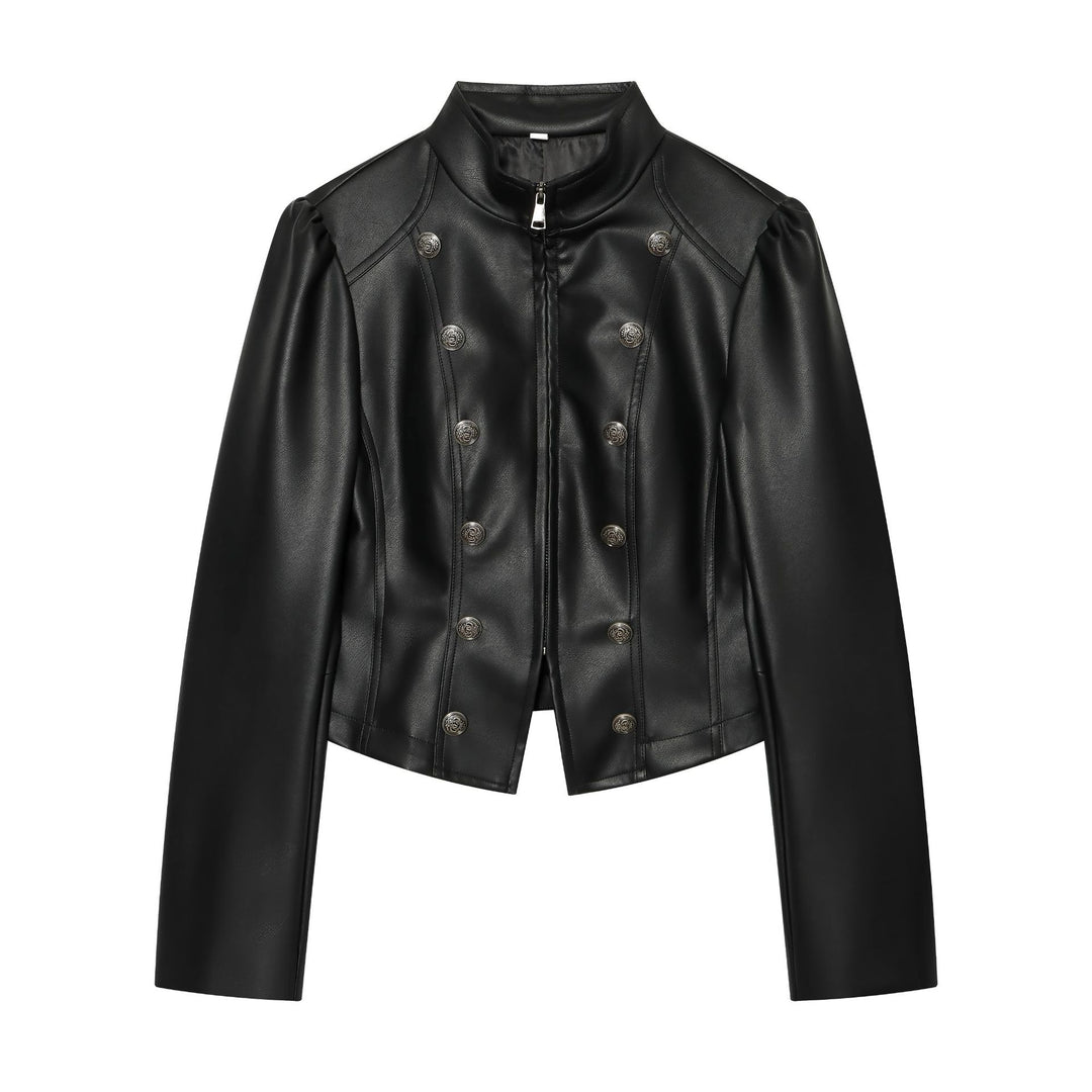 Women's Short Cut Faux Leather Bomber Jacket with Large Flap Pockets and Elastic Hem Mune Fashion