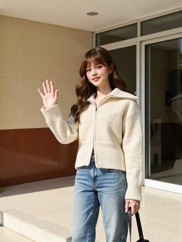 Women's short zippered cardigan with stand-up collar and ribbed hem Mune Fashion