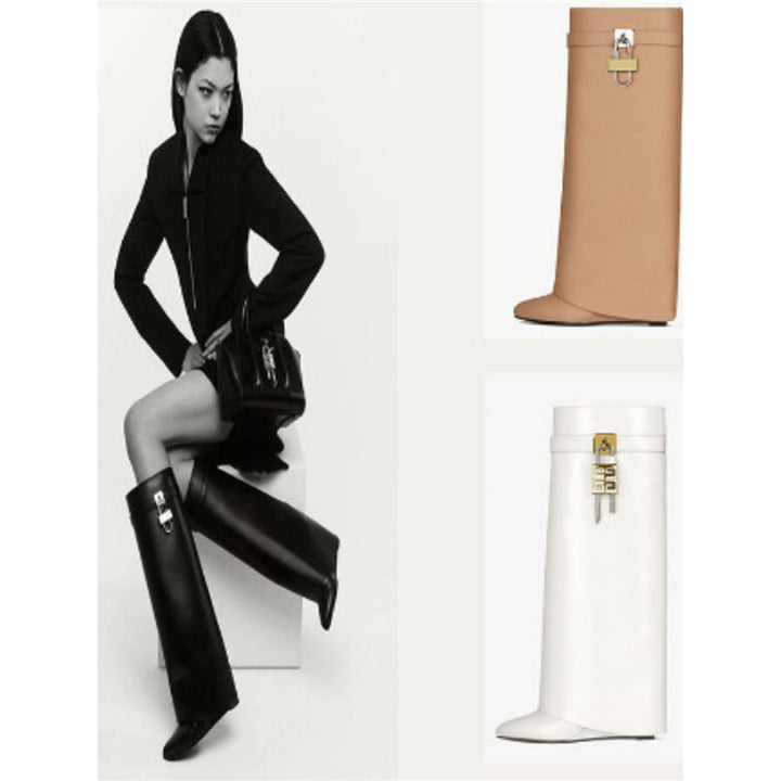 Women's knee-high faux leather boots with pointed toe, flat heel, and buckle appliqué Mune Fashion
