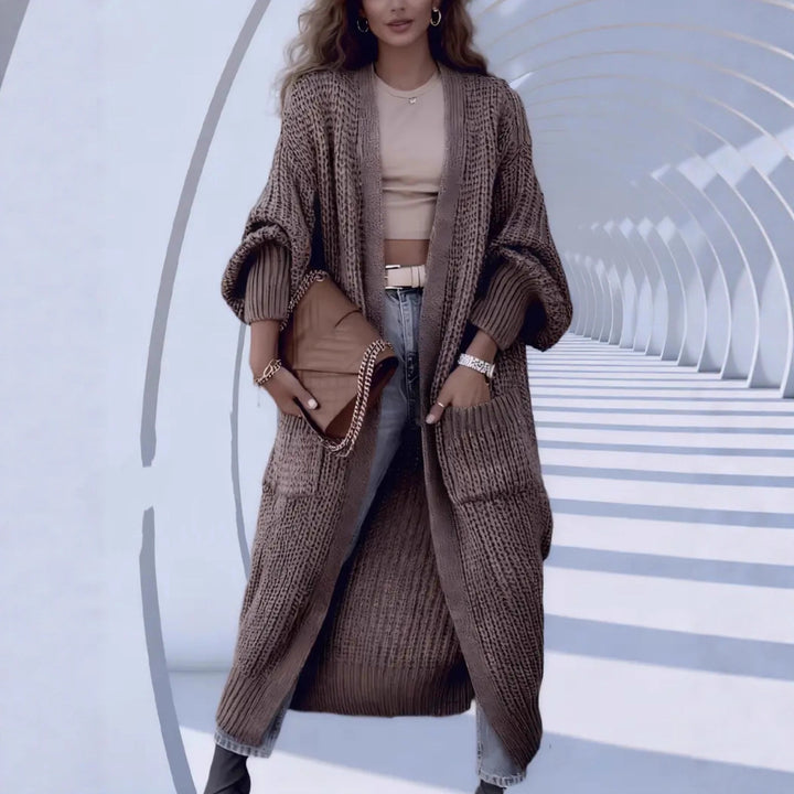 Women Long Open Chunky Knit Coat Cardigan with Braided Structure and Dropped Shoulder Mune Fashion