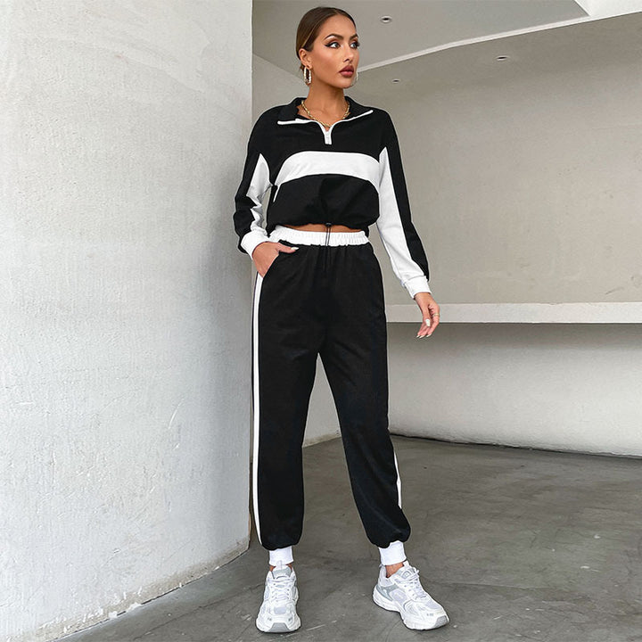 Women's Sportives Crop Training Set with Half-Zip, Contrast Stripes & Drawstring Pants Mune Fashion