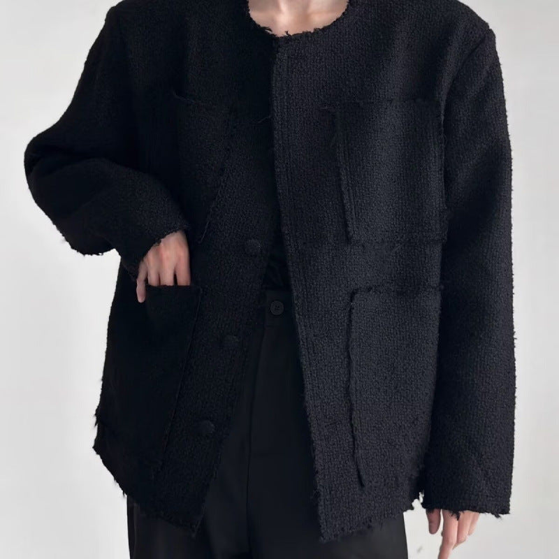 Women's Oversized Boucle Jacket without Collar with Patch Pockets and Raw Edge Details Mune Fashion