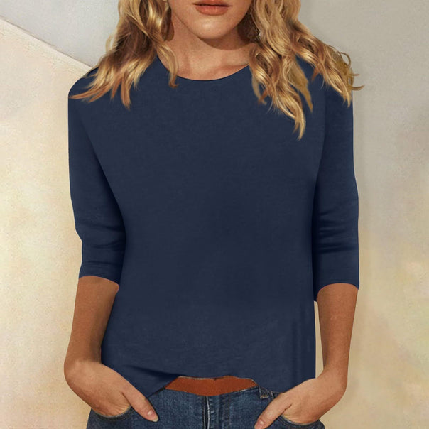 Women's Casual Top with Elegant 3/4 Sleeves and Curved Hem Mune