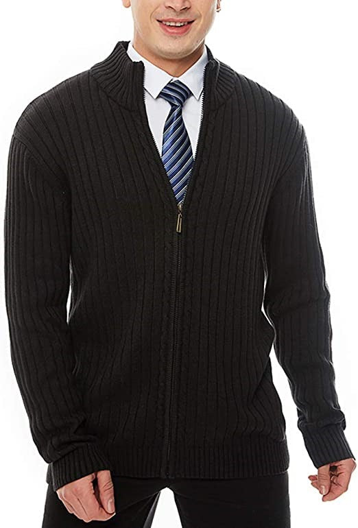 Men's fine-knit cardigan with full-length zipper, stand-up collar, and distinctive ribbed texture Mune Fashion