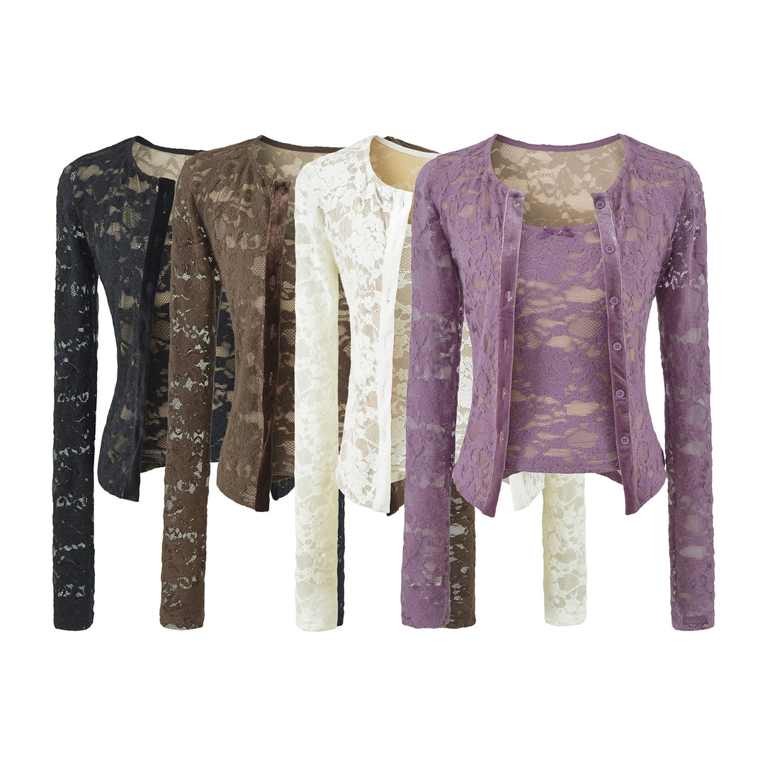 Ladies Fine Lace Cardigan with Matching Under Top and Velvet Trim Mune Fashion