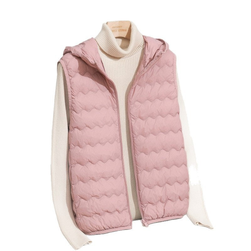 Women Ultra-light Hooded Quilted Vest with Ergonomic Wave Quilting and Compact Packing Format Mune Fashion