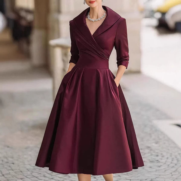 Women's Elegant Satin Midi Dress with Wrap Top, Mid-Length Sleeves and Side Pockets Mune Fashion