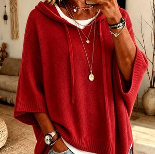 Women's oversized knit poncho with hood and short sleeves Mune Fashion