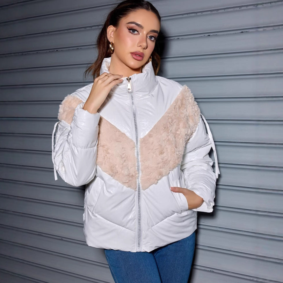 Women's Padded Quilted Jacket with Faux Fur V-Inset, Stand Collar & Zipper Mune Fashion