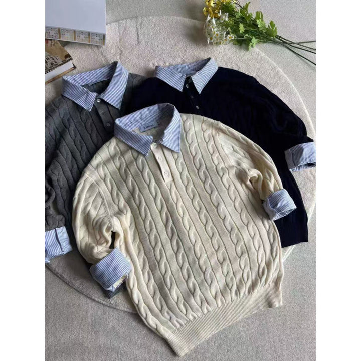 Women's knitted polo sweater with cable pattern and inserted shirt collar Mune Fashion