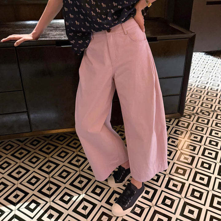 Women's Wide Culotte Pants with High Waist, Five-Pocket Detail & Casual Pleat