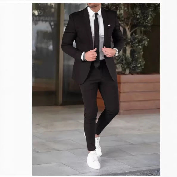 Men's fitted suit set made of lightweight stretch twill with single-button blazer and flat-front trousers Mune Fashion