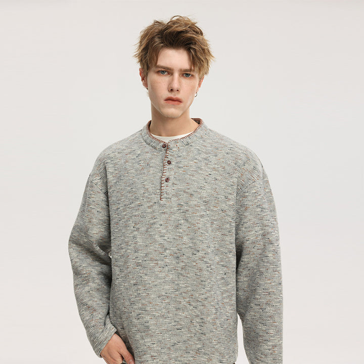 Men's Melange Knit Henley Sweater with Stand-Up Collar, Relaxed Fit and Button Placket Mune Fashion