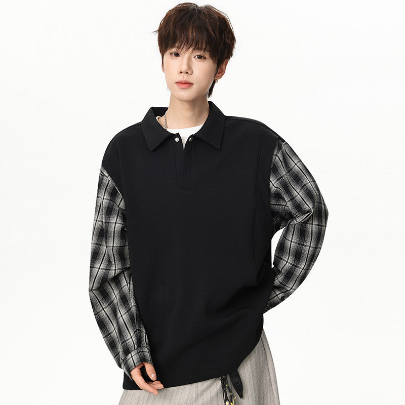 Unisex Oversize Sweater with Polo Collar and Checked Sleeve Construction Mune Fashion
