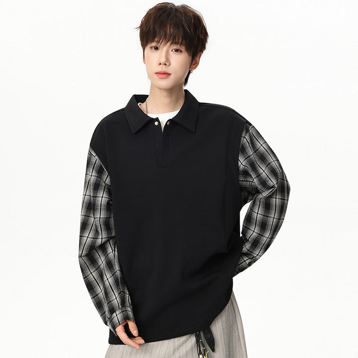 Unisex Oversize Sweater with Polo Collar and Checked Sleeve Construction Mune Fashion