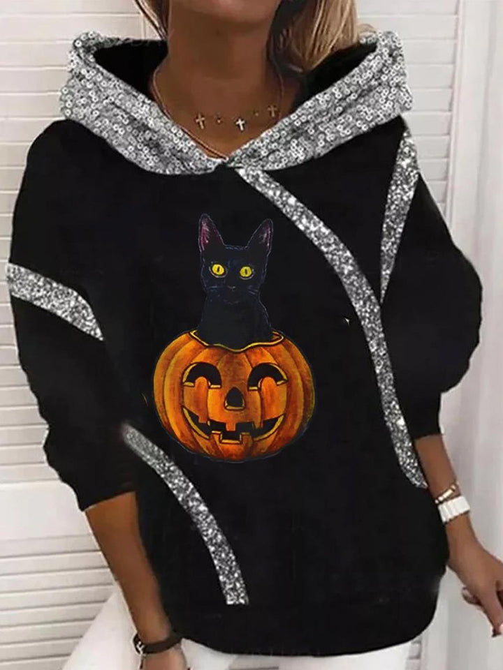 Women's Halloween Hoodie with Pumpkin and Cat Print, Sequin Decoration and Oversize Cut Mune Fashion